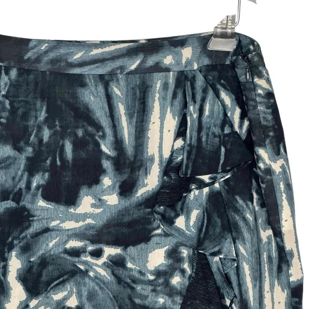 Ann Taylor Size 10 Green/Black/Cream Silk/Spandex Faux Wrap Lined Skirt w Ruffle